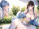 A couple of anime girls sitting on top of a lush green field.